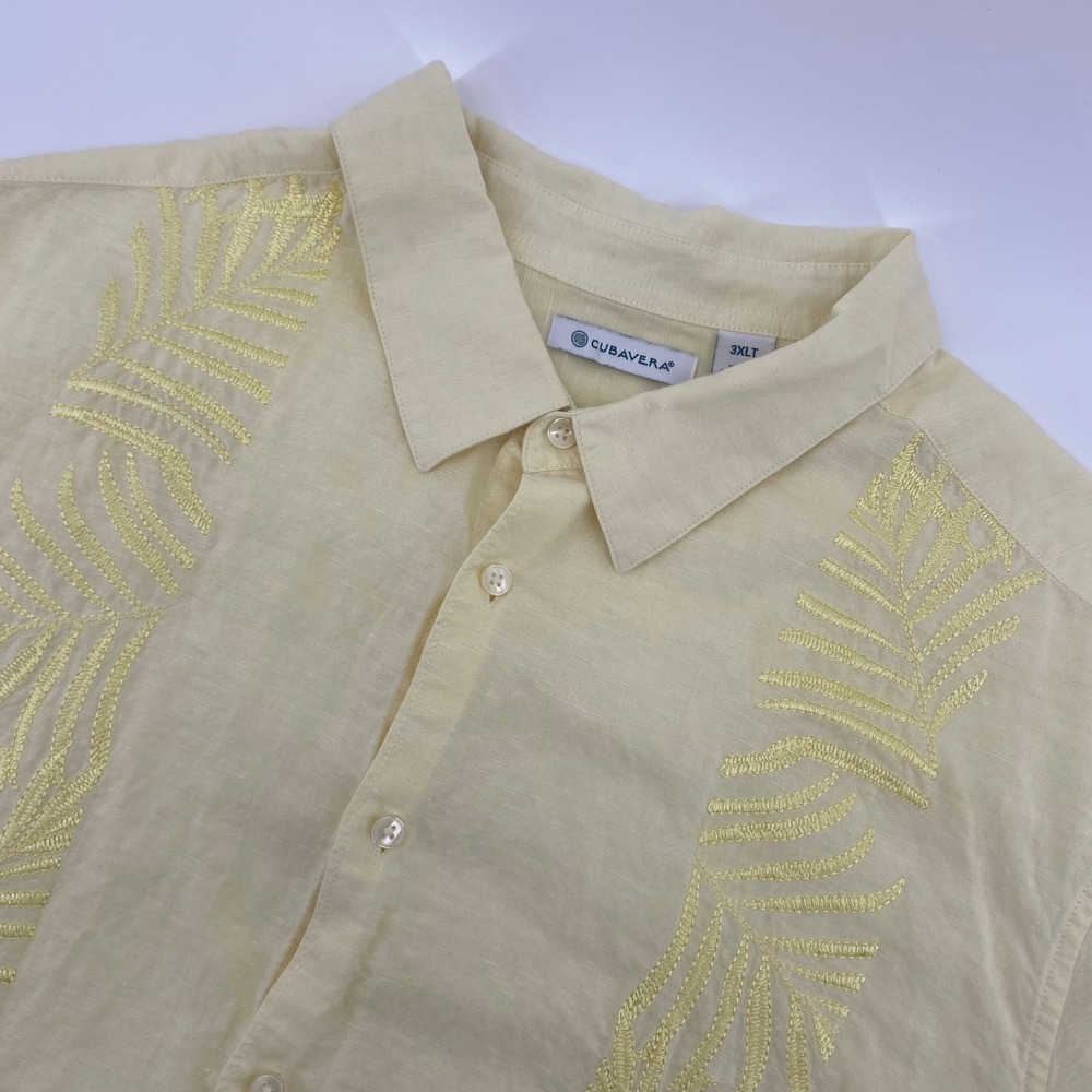Cubavera Shirt Mens 3XLT‎ Yellow Embroidered Linen Blend Tropical Camp Guayabera